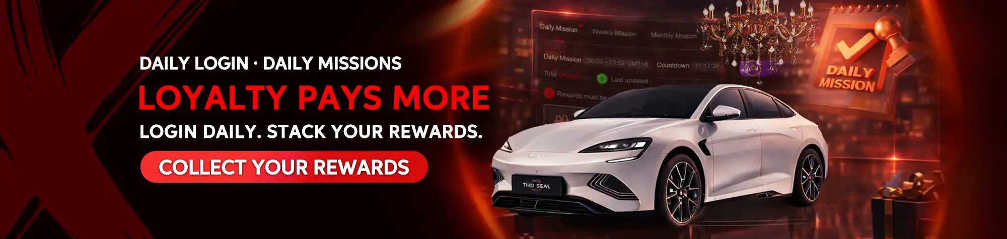 Promotional banner for maXwin Daily Login and Daily Missions featuring the slogan "Loyalty Pays More," a white BYD Seal electric car, a daily mission icon, and rewards for logging in and completing daily tasks.