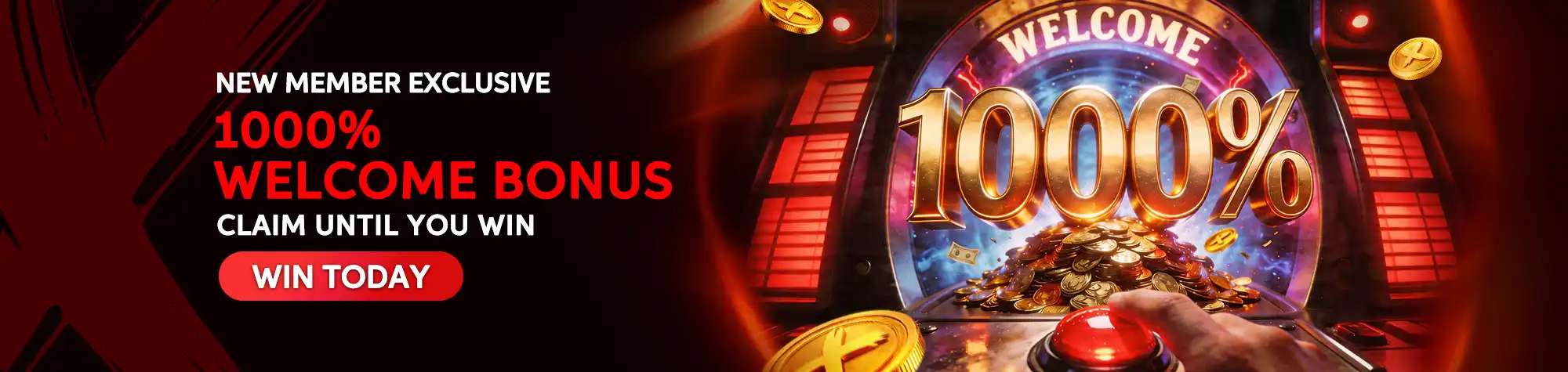 Promotional banner for maXwin featuring a 1000% Welcome Bonus for new members, with a giant glowing "1000%" display, piles of gold coins, and a red arcade-style button symbolizing a welcome reward.