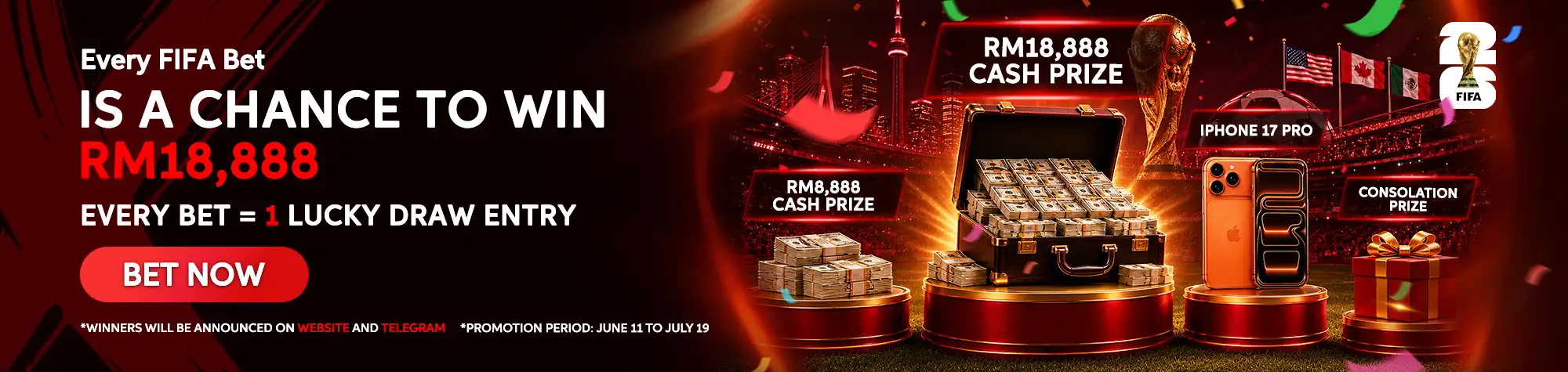 Promotional banner for maXwin's FIFA Lucky Draw campaign featuring an RM18,888 Cash Prize, RM8,888 Cash Prize, iPhone 17 Pro, FIFA World Cup trophy, and consolation prizes. Every FIFA bet earns one lucky draw entry.