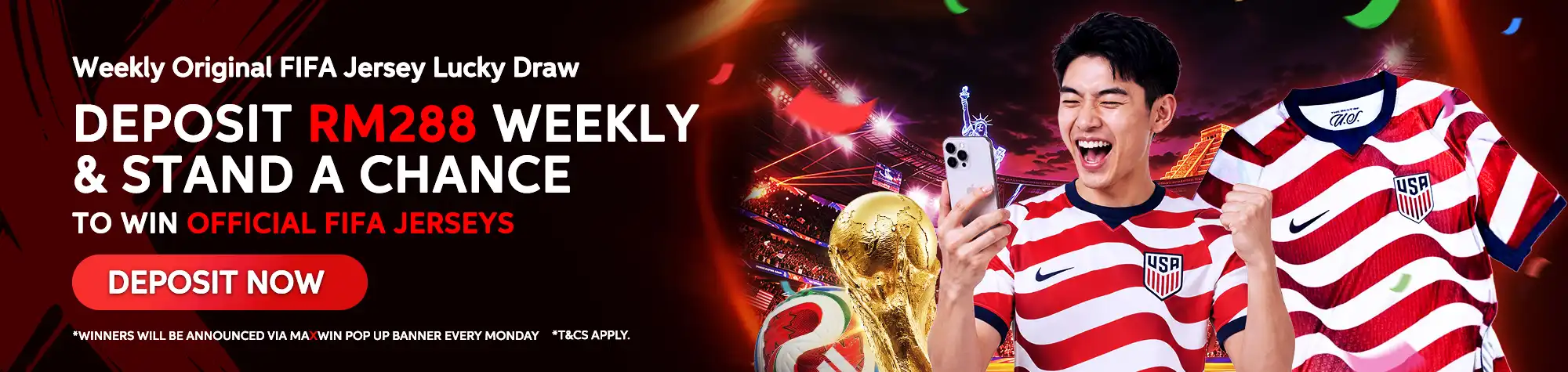 Promotional banner for maXwin's Weekly Original FIFA Jersey Lucky Draw featuring a football fan wearing a USA national team jersey, holding a smartphone beside an official FIFA jersey, encouraging players to deposit RM288 weekly for a chance to win.