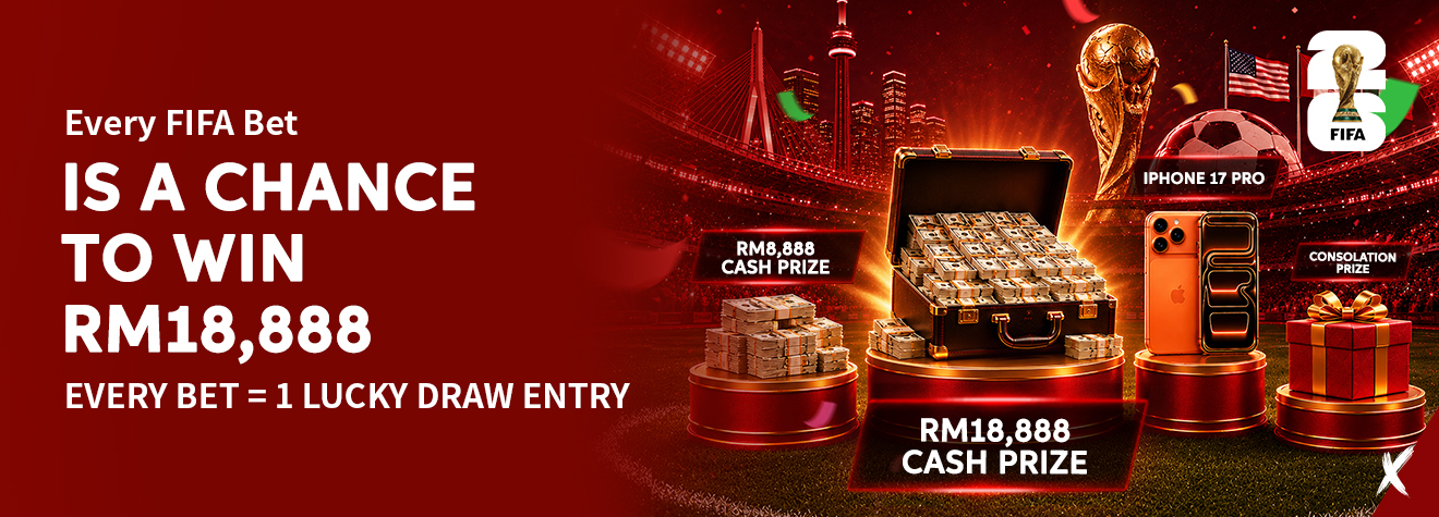 Promotional banner for a FIFA-themed maXwin Lucky Draw, offering players the chance to win RM18,888 cash, an iPhone 17 Pro, and consolation prizes. The banner features a cash-filled briefcase, FIFA trophy, football stadium, and every bet earns one lucky draw entry.