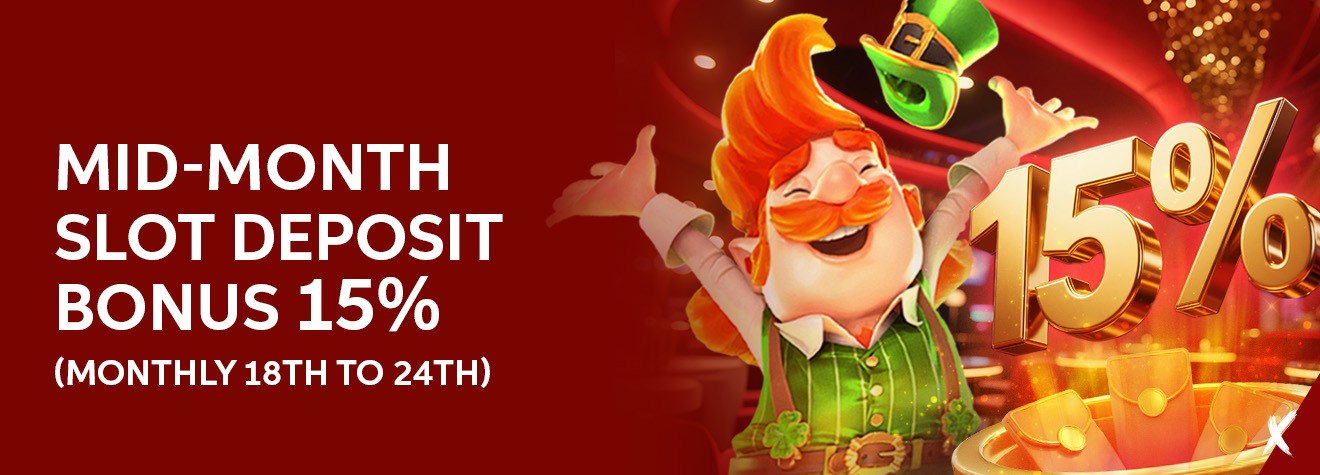 Promotional banner featuring a cheerful leprechaun mascot celebrating beside a large gold 15% symbol, highlighting a Mid-Month Slot Deposit Bonus 15% available from the 18th to the 24th of every month in a vibrant casino-themed setting.