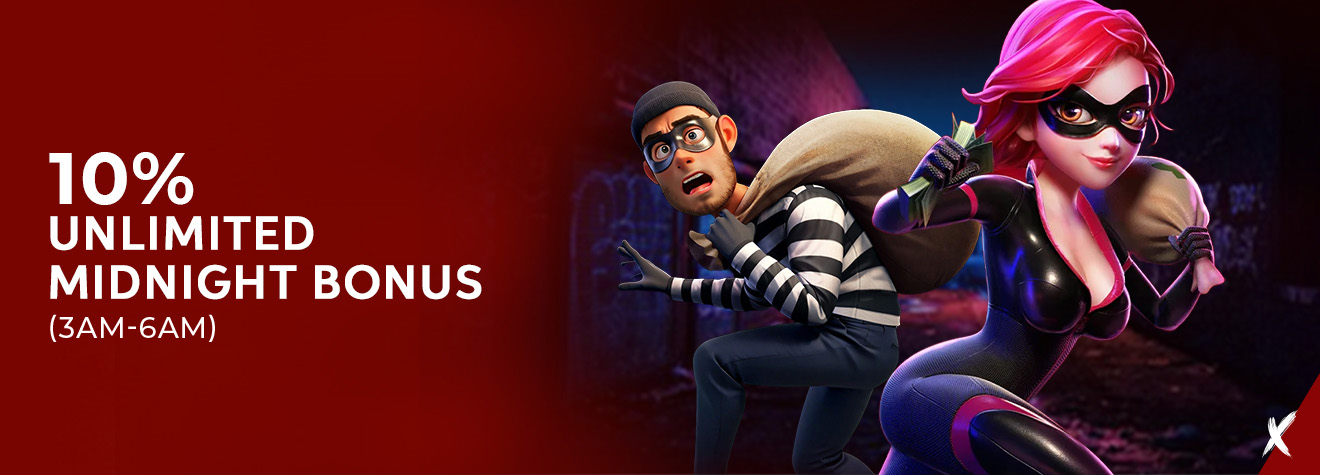 Promotional banner featuring a masked female thief and a startled burglar carrying money bags, promoting a 10% Unlimited Midnight Bonus available from 3:00 AM to 6:00 AM against a dark nighttime city backdrop.