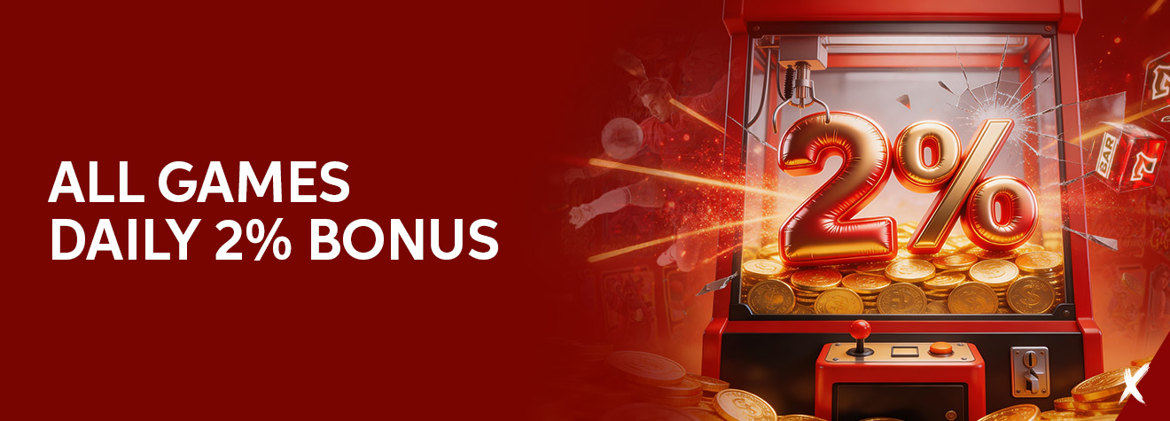 Promotional banner featuring a claw machine filled with gold coins and a glowing 2% symbol, promoting an All Games Daily 2% Bonus in a vibrant red casino-themed setting.