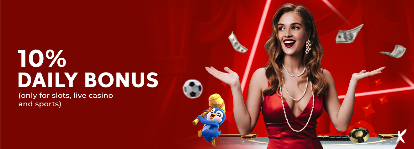 Promotional banner featuring a smiling woman in a red dress surrounded by floating cash, a soccer ball, casino chips, and a cheerful mascot, promoting a 10% Daily Bonus for slots, live casino, and sports on a vibrant red casino-themed background.