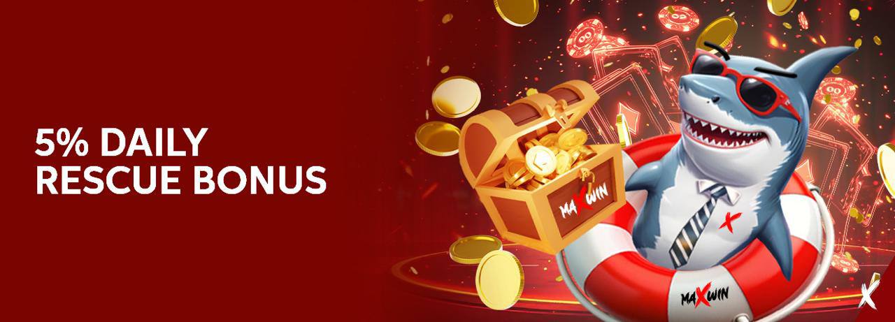 Promotional banner featuring a cartoon shark mascot wearing sunglasses and a tie while floating in a lifebuoy beside a treasure chest filled with gold coins, promoting a 5% Daily Rescue Bonus on a vibrant red casino-themed background.