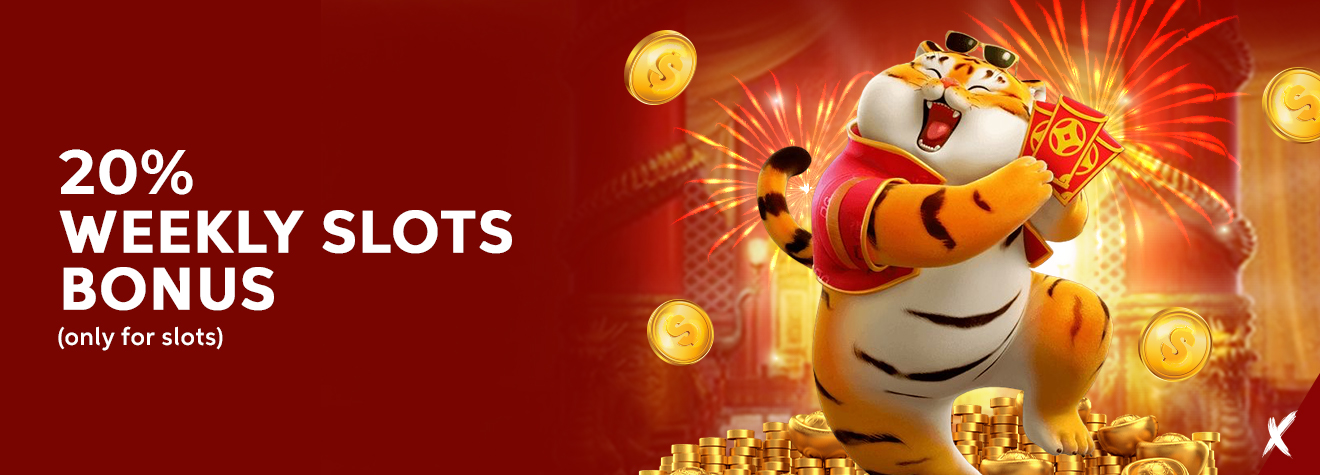 Promotional banner featuring a cheerful tiger mascot holding a festive red envelope while standing on stacks of gold coins, promoting a 20% Weekly Slots Bonus for slot games with fireworks and a vibrant casino-themed background.
