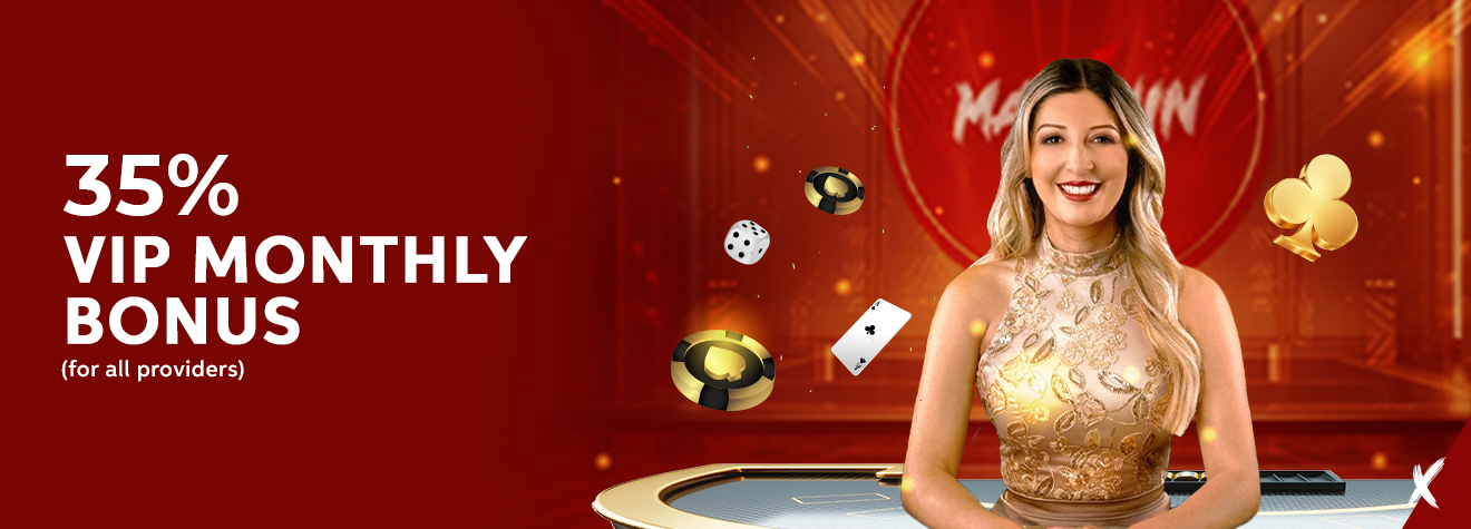Promotional banner featuring a smiling casino hostess in an elegant gold dress surrounded by poker chips, playing cards, dice, and casino symbols, promoting a 35% VIP Monthly Bonus for all game providers in a luxurious casino setting.