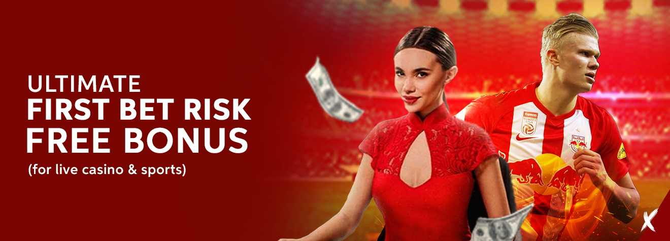 Promotional banner featuring a casino hostess in a red dress and a professional football player inside a stadium, promoting an Ultimate First Bet Risk Free Bonus for live casino and sports, with floating cash and a vibrant sports-themed background.