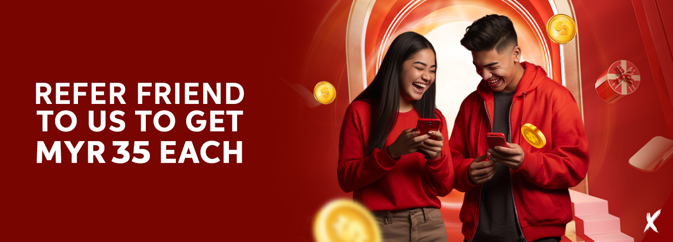 Promotional banner featuring two smiling friends using their smartphones while surrounded by floating gold coins and gift boxes, promoting a Refer a Friend campaign where both participants receive MYR35 for each successful referral.