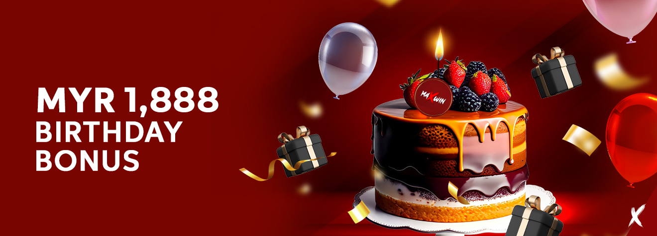 Promotional banner featuring a decorated birthday cake topped with fresh berries and a lit candle, surrounded by balloons, gift boxes, and festive confetti, promoting a MYR1,888 Birthday Bonus on a vibrant red celebration-themed background.