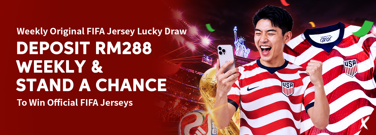 Promotional banner for maXwin's Weekly Original FIFA Jersey Lucky Draw, inviting players to deposit RM288 weekly for a chance to win official FIFA jerseys. The banner features a cheering football fan, a USA national team jersey, a football stadium, and the FIFA World Cup trophy.