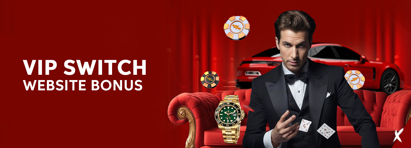 Promotional banner featuring a well-dressed VIP gentleman performing a card trick in front of a luxury sports car, premium watch, casino chips, and elegant lounge furniture, promoting a VIP Switch Website Bonus in a luxurious casino-themed setting.