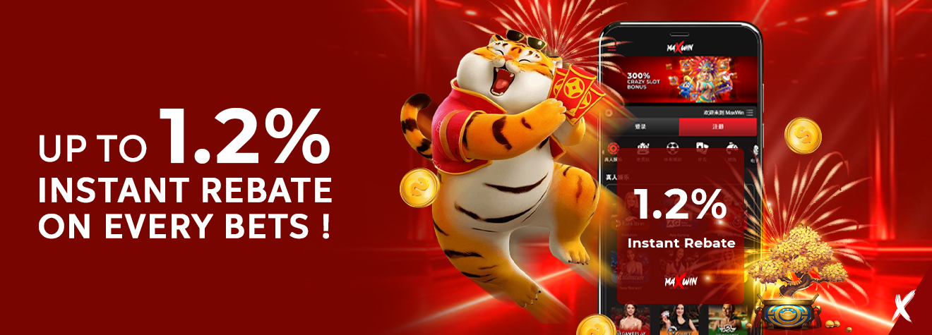 Promotional banner featuring a cheerful tiger mascot holding a lucky red envelope beside a smartphone displaying the gaming app interface, promoting up to 1.2% Instant Rebate on Every Bet with gold coins, fireworks, and a festive casino-themed background.