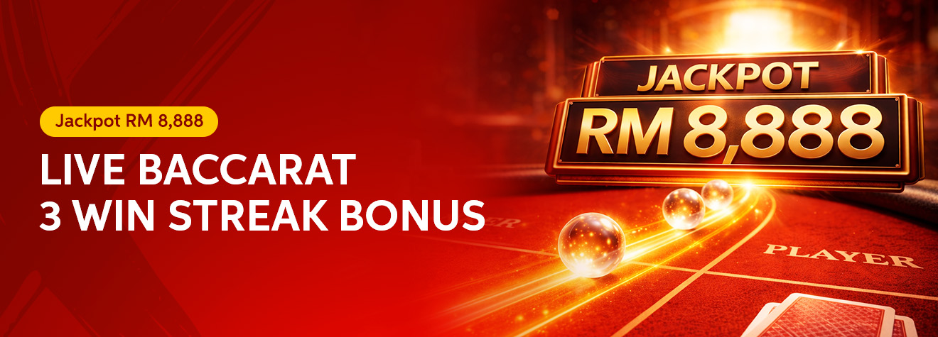 Promotional banner for maXwin Live Baccarat 3 Win Streak Bonus, featuring a glowing RM8,888 jackpot, a live baccarat table, and golden spheres symbolizing a three-win streak leading to a cash prize.