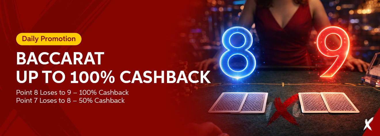 Promotional banner for maXwin's Daily Baccarat Cashback promotion, offering up to 100% cashback. The banner features a live baccarat table, glowing number 8 and 9, playing cards, and a daily promotion badge.