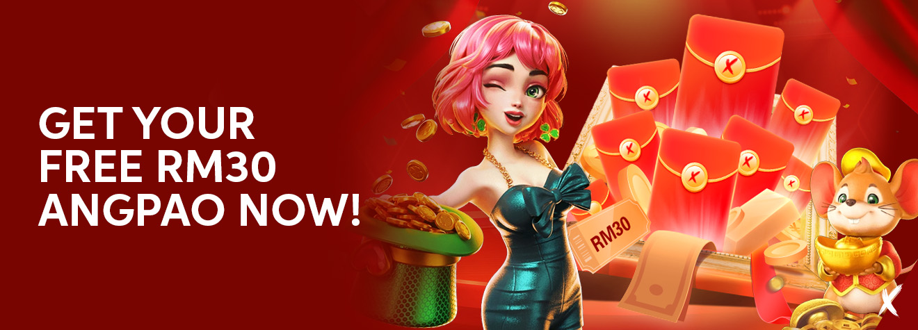 Promotional banner for maXwin's Free RM30 Angpao campaign featuring a cheerful animated character, red envelopes, gold coins, a lucky mouse mascot, and the message "Get Your Free RM30 Angpao Now!"