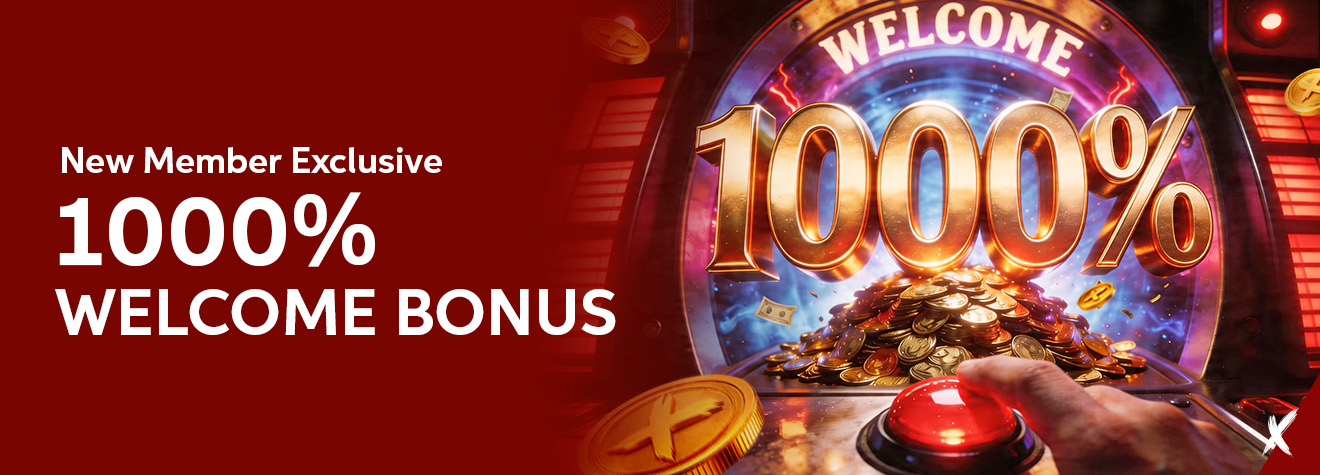 Promotional banner for maXwin's New Member Exclusive 1000% Welcome Bonus, featuring a giant glowing 1000% display, stacks of gold coins, an arcade-style reward machine, and a large red activation button.