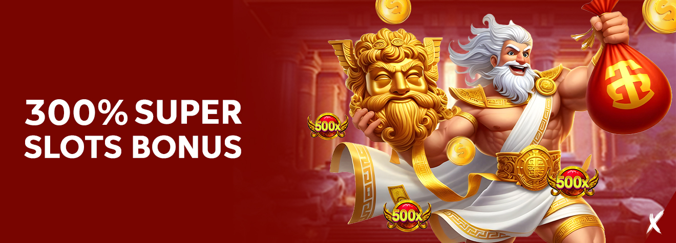 Promotional banner for maXwin's 300% Super Slots Bonus, featuring a powerful mythological deity holding a lucky money bag and a golden warrior mask, surrounded by gold coins and bonus icons against a premium temple-inspired backdrop.
