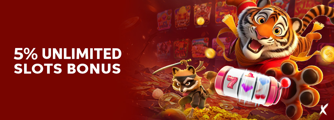 Promotional banner featuring a cheerful tiger mascot and a raccoon character beside a spinning slot machine reel, advertising a 5% Unlimited Slots Bonus with a vibrant red casino-themed background, gold coins, and slot game elements.