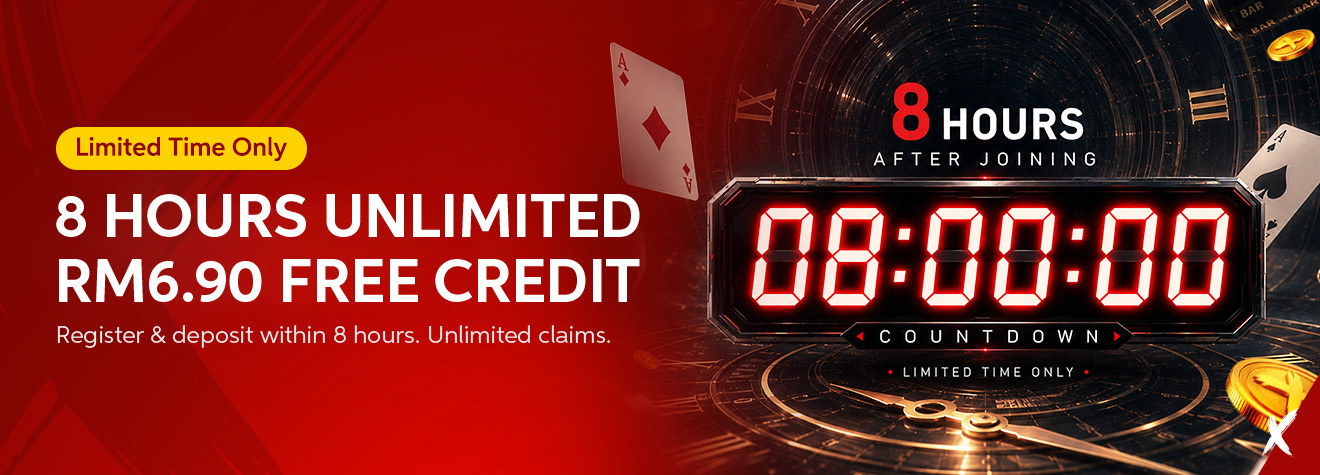 Maxwin 8 Hours Unlimited RM6.90 Free Credit promotion banner with a large digital countdown timer, casino-themed graphics, and a limited-time welcome offer for new members who register and deposit within eight hours.