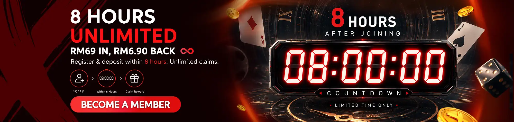 Maxwin 8 Hours Unlimited RM6.90 Free Credit banner featuring a digital countdown timer, casino-themed visuals, and a limited-time welcome promotion for new members who register and deposit within eight hours.