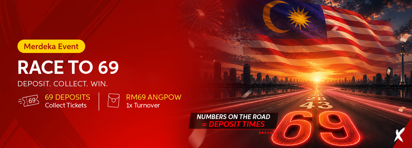 Maxwin Race to 69 Merdeka promotional banner featuring the Malaysian flag, Kuala Lumpur skyline, and a glowing Route 69 road, inviting players to collect 69 deposits and redeem an RM69 Angpow.