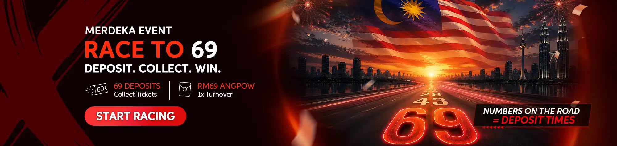 Maxwin Race to 69 Merdeka campaign banner featuring the Malaysian flag, a glowing Route 69 highway, and Kuala Lumpur skyline, promoting rewards for collecting 69 deposits and claiming an RM69 Angpow.