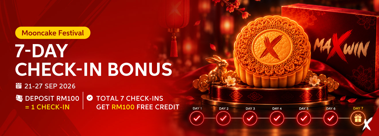 Maxwin Mooncake Festival seven-day check-in bonus offering RM100 free credit after seven check-ins from September 21–27, 2026.